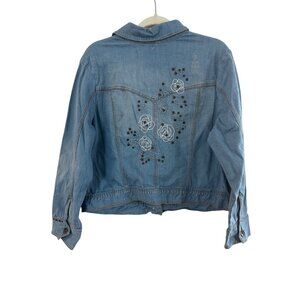 Avenue Jeans Light Wash Embroidered Rose Denim Jacket Size 14/16 Juniors Stretch